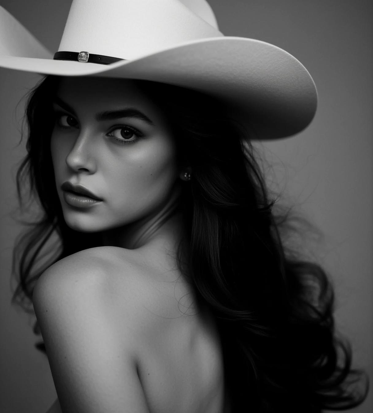 Photorealistic Black And White Portrait Young Woman With Long Dark