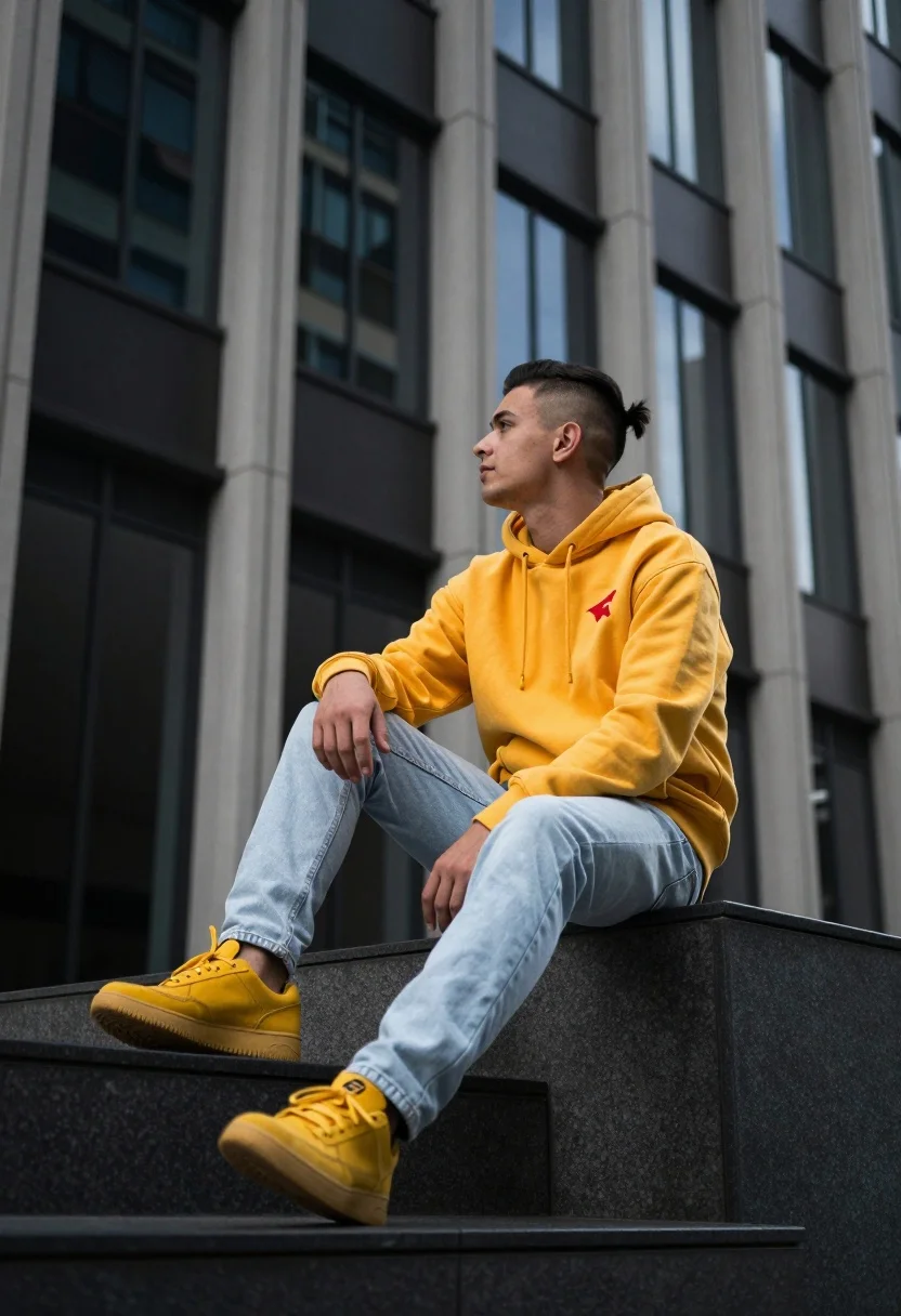 A young man sits casually on a dark architectural ledge, surrounded by a vibrant urban setting under natural daylight.