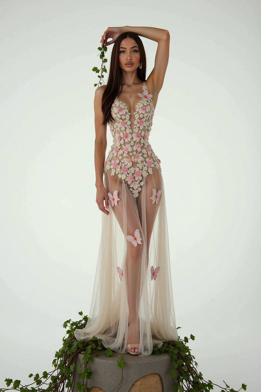 A woman in a sheer gown adorned with colorful 3D embroidered flowers and butterflies, standing confidently on a stone pedestal entwined with ivy.