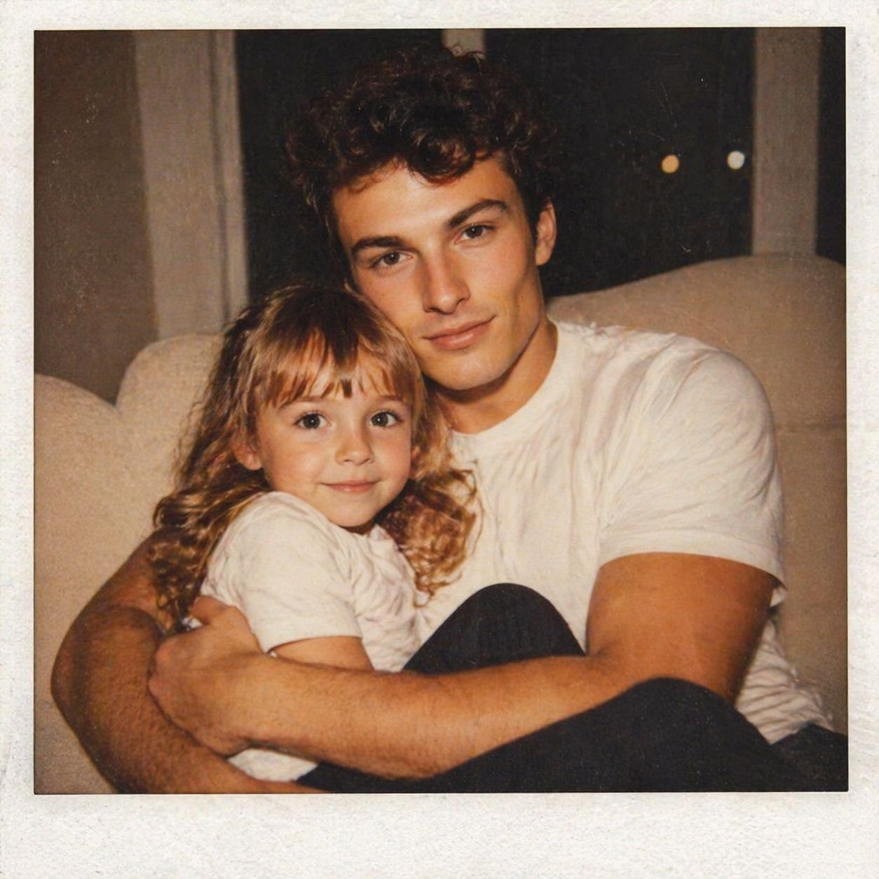 A father gently cradling his daughter on his lap, both smiling warmly, captured in a vintage Polaroid style with soft lighting.