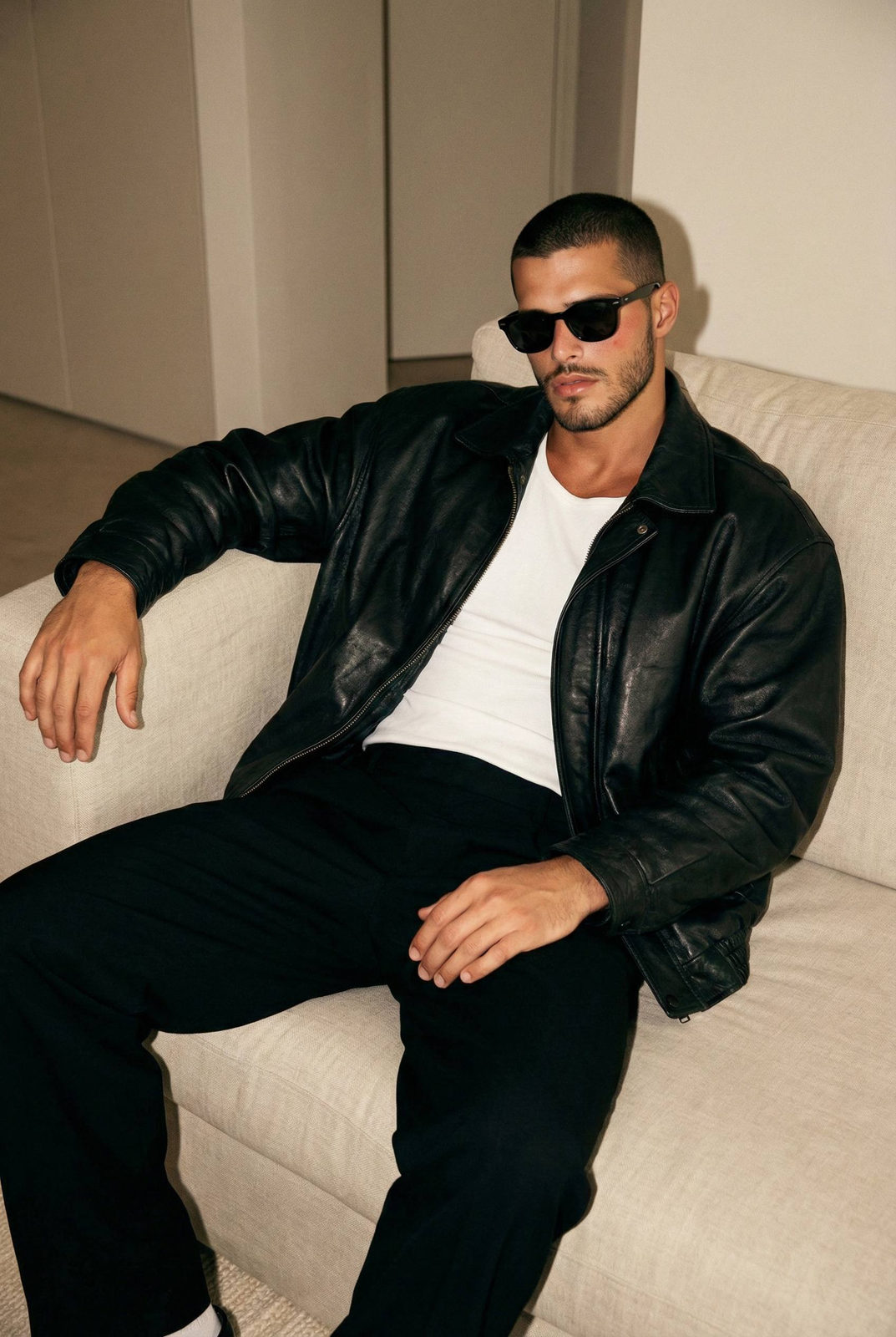 A man reclined on a light-colored sofa, dressed in a black leather jacket and relaxed-fit trousers, exuding calm confidence.