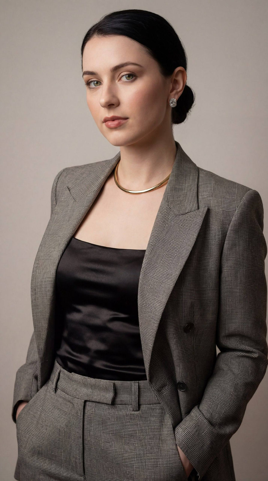 A confident business woman in a blazer with soft lighting highlighting her features and gold jewelry.