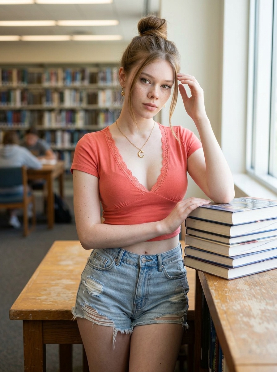 A young woman in a coral crop top and distressed denim shorts leaning against a wooden table in a library, softly illuminated.