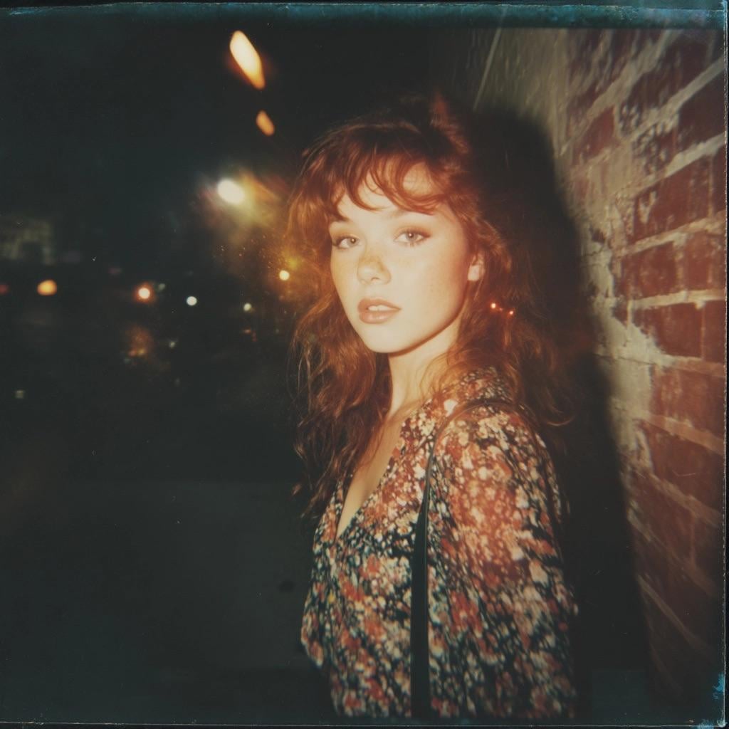 A medium close-up portrait of a person with long, wavy hair against a rough, weathered red brick wall, illuminated by warm street lights.
