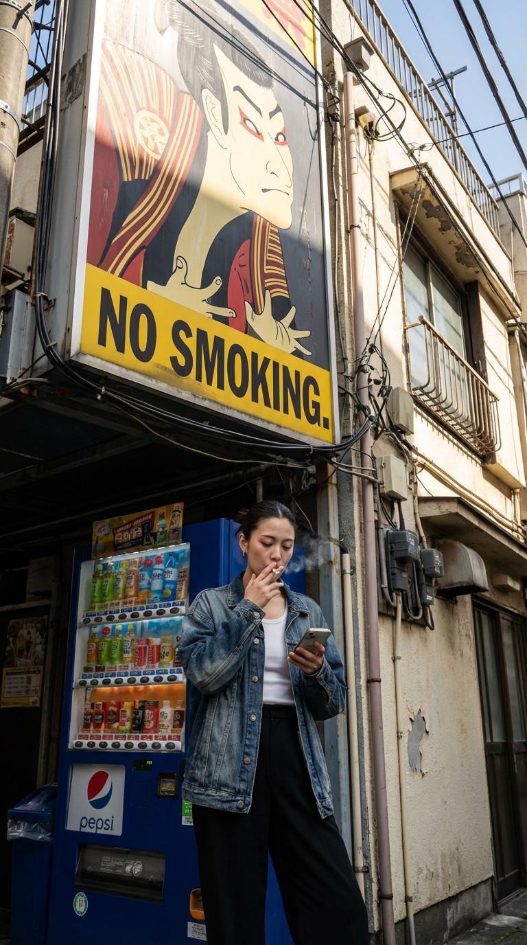 A woman in a distressed denim jacket stands by a blue Pepsi vending machine, smoking a cigarette and looking at her phone in bright daylight.