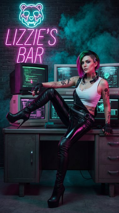 A woman with vibrant pink and green undercut hair poses on a metal desk, surrounded by neon lights and vintage monitors.