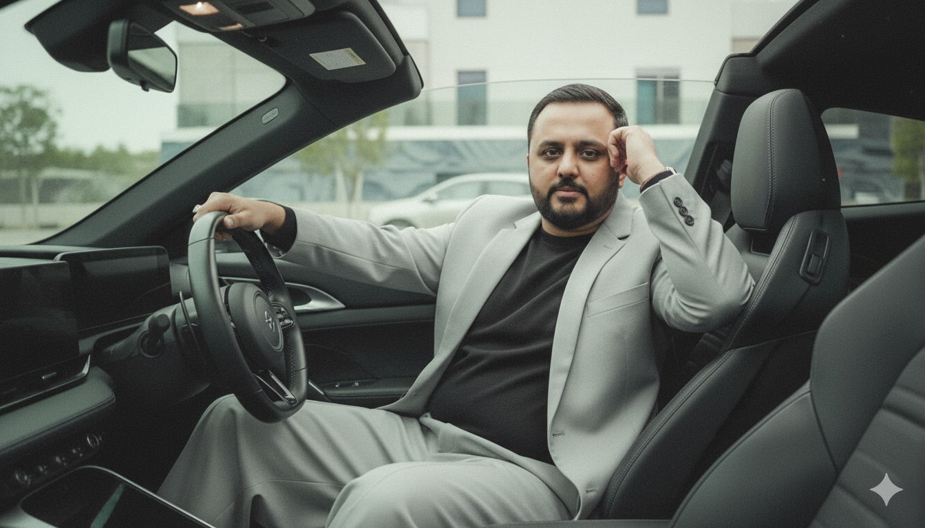 A man in a minimalist black shirt and light gray jacket sitting in a car with abstract urban scenery outside.