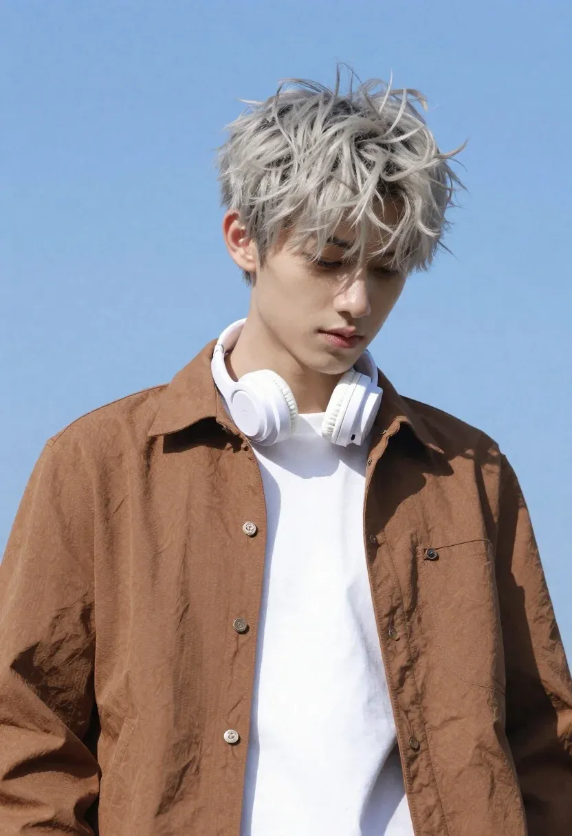 Young Man With Messy Silver Hair Stands Against Clear Blue