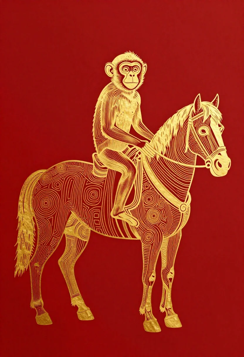 Golden Foil Line Art Illustration Monkey Riding Horse Against Solid reference photo