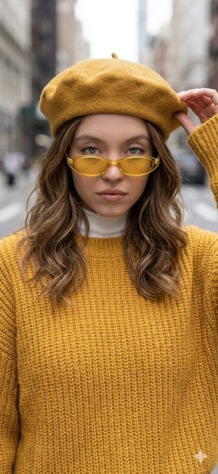 Close-up portrait of a woman wearing a mustard yellow beret and chunky knit sweater, adjusting her beret on an urban street.