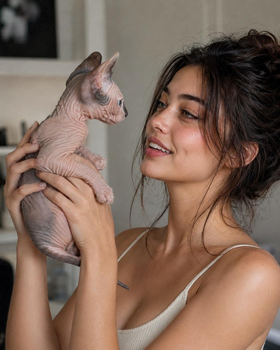 Holding Sphynx Kitten Soft Lighting