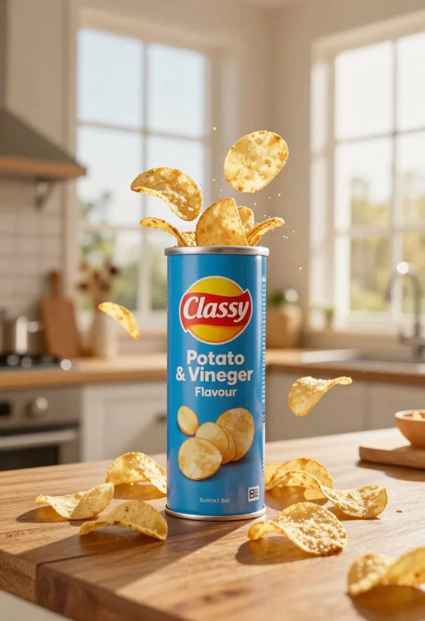A blue cylindrical can labeled Classy Potato Salt surrounded by flying potato chips on a wooden counter, softly lit by daylight.