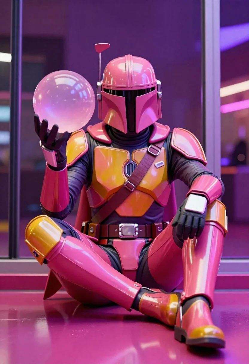 Glossy Digital Render Stylized Mandalorian Character Vibrant Pink And Gold