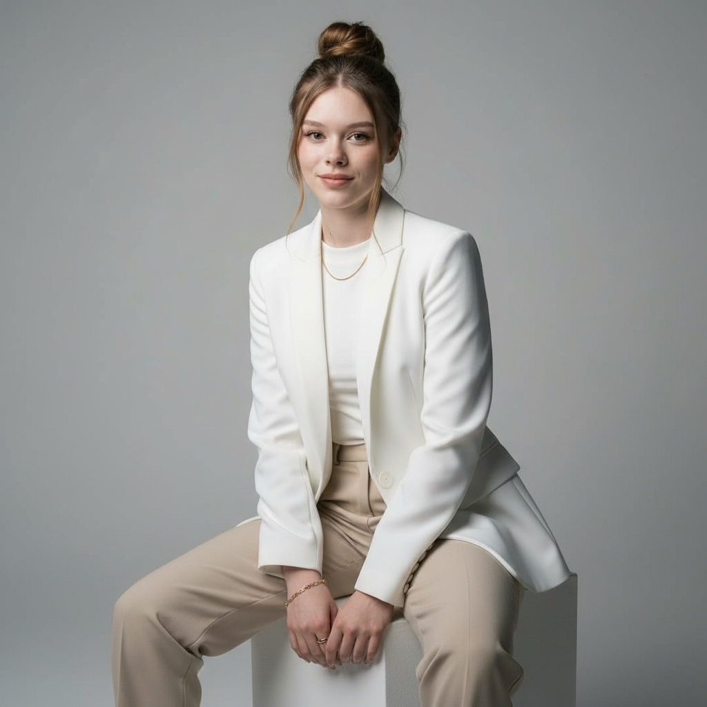 Ultra-realistic professional studio portrait of Anya in a white blazer, seated on a white cube with a confident smile.