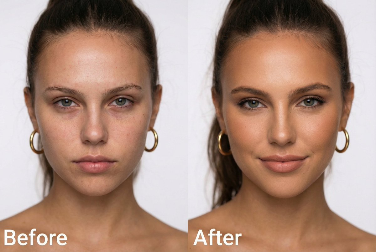 A side-by-side portrait of a beautiful woman before and after makeup, showcasing natural skin texture and polished makeup look.