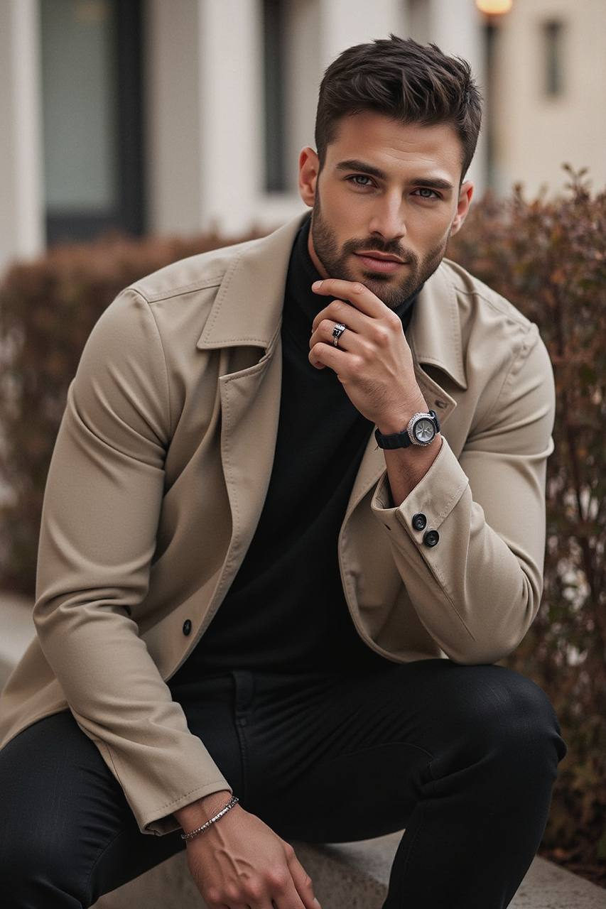 Ultra-detailed portrait of a man seated outdoors in a beige trench coat, reflecting confidence and sophistication.