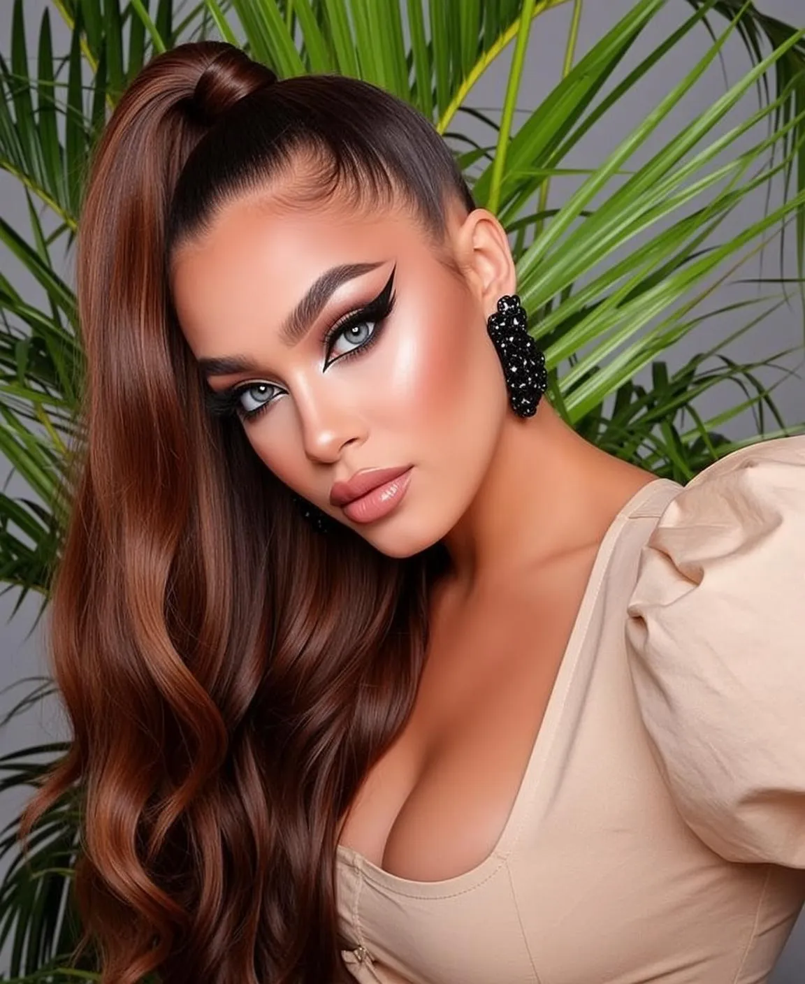 Makeup And Earrings And False Lashes In Studio Portrait