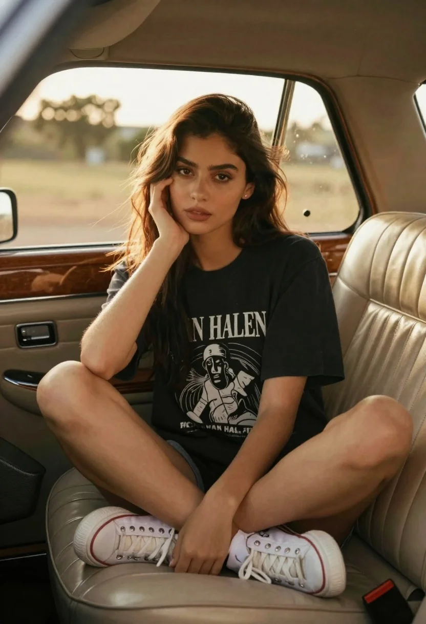 Cinematic Portrait Young Woman Sitting Cross-legged The Driver Seat Vintage reference photo