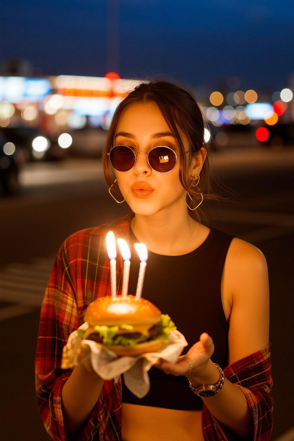 Explore Young Holding Hamburger Three Lit Candles