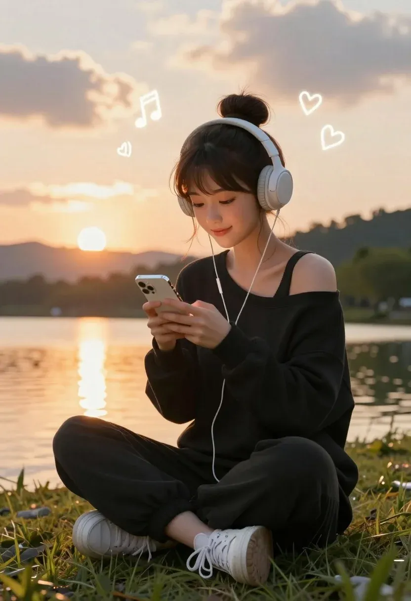 Young Woman Sits Cross-legged Grassy Bank Lake Sunset Wearing Large
