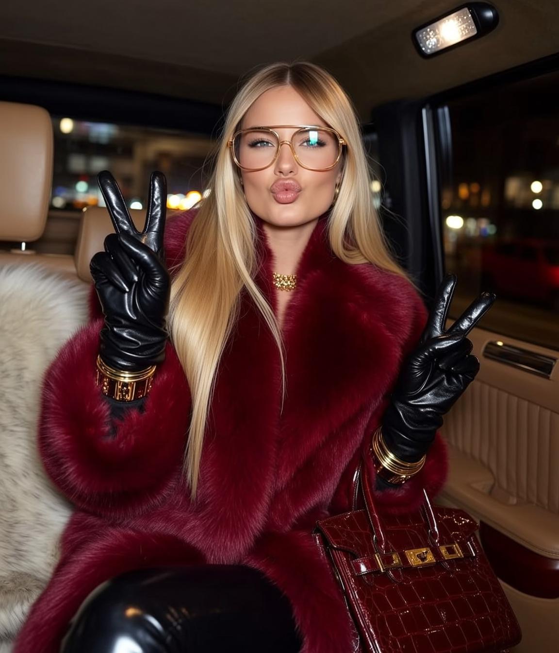 Red Fur Coat Car Pose