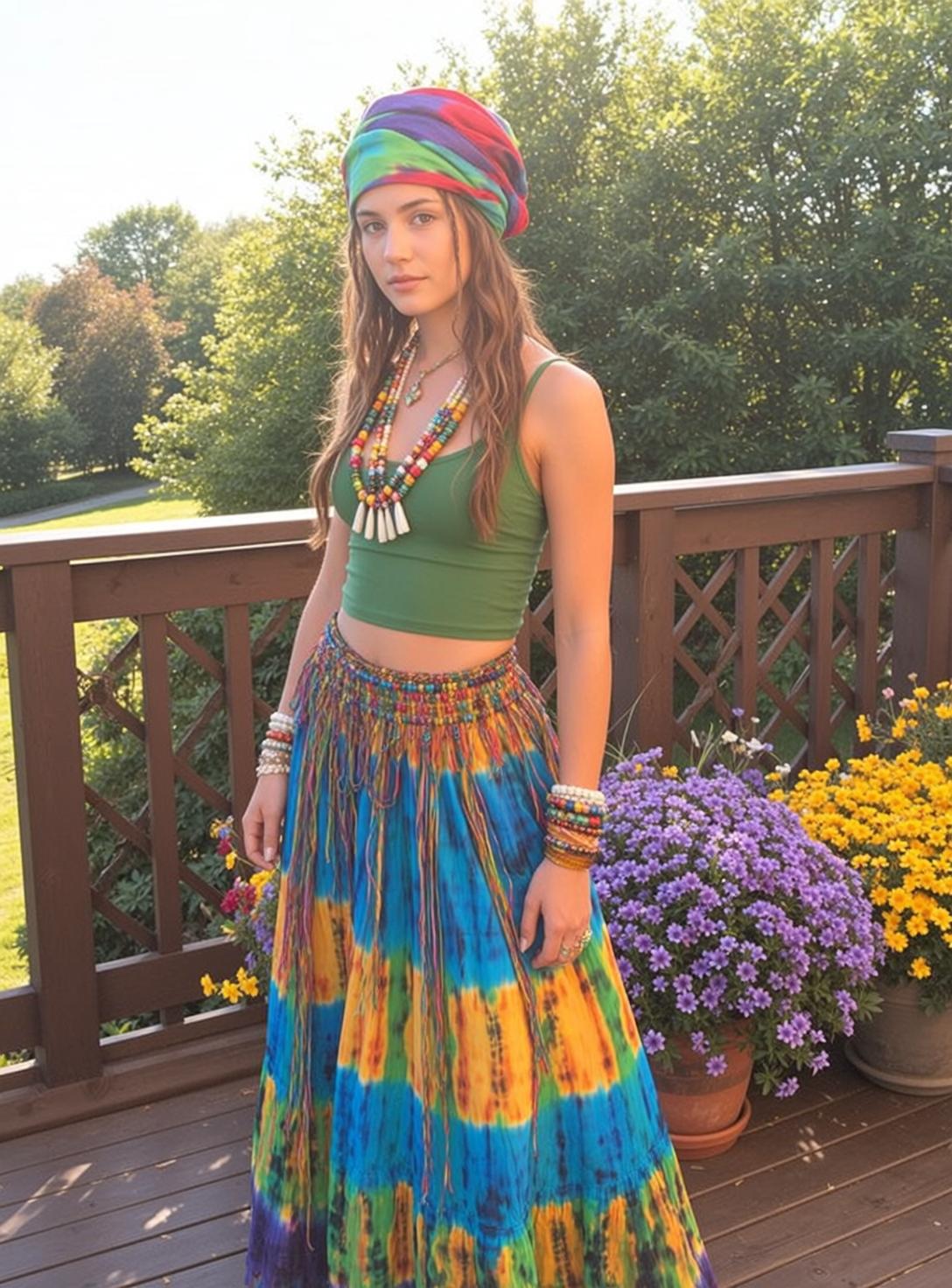 Green Crop Top Tie Dye Skirt Outdoor Deck