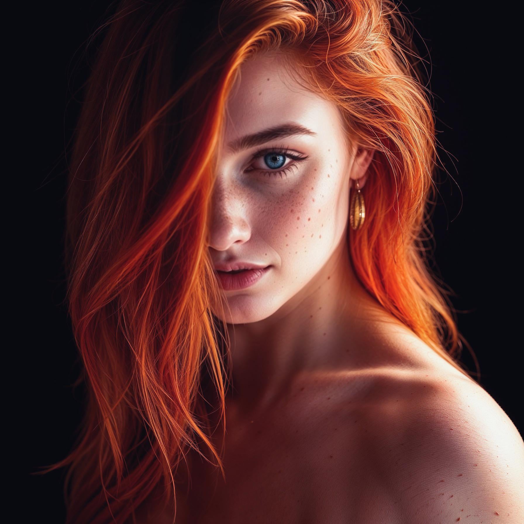 Close-up portrait of a person with vibrant, long, wavy copper-red hair against a deep black background, showcasing freckles and gold hoop earring.