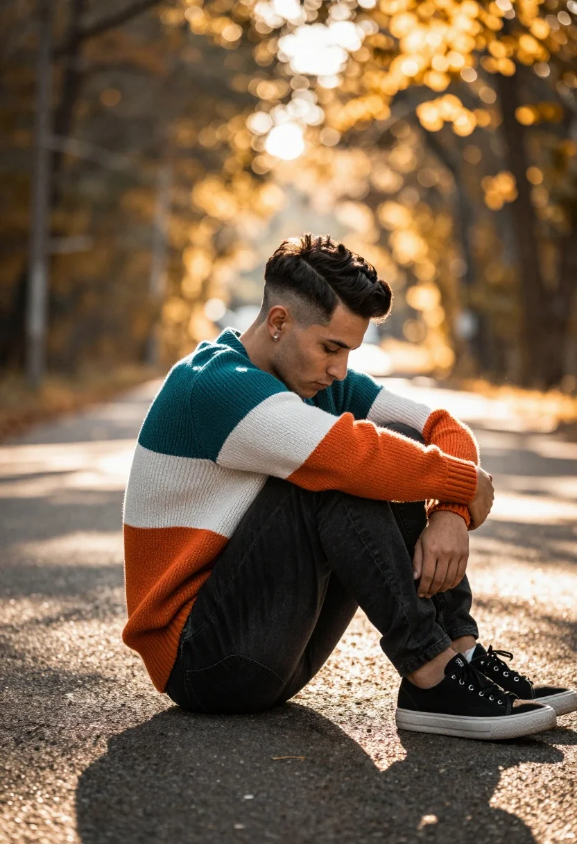Solitary Man Sits Huddled Paved Road With His Head Bowed