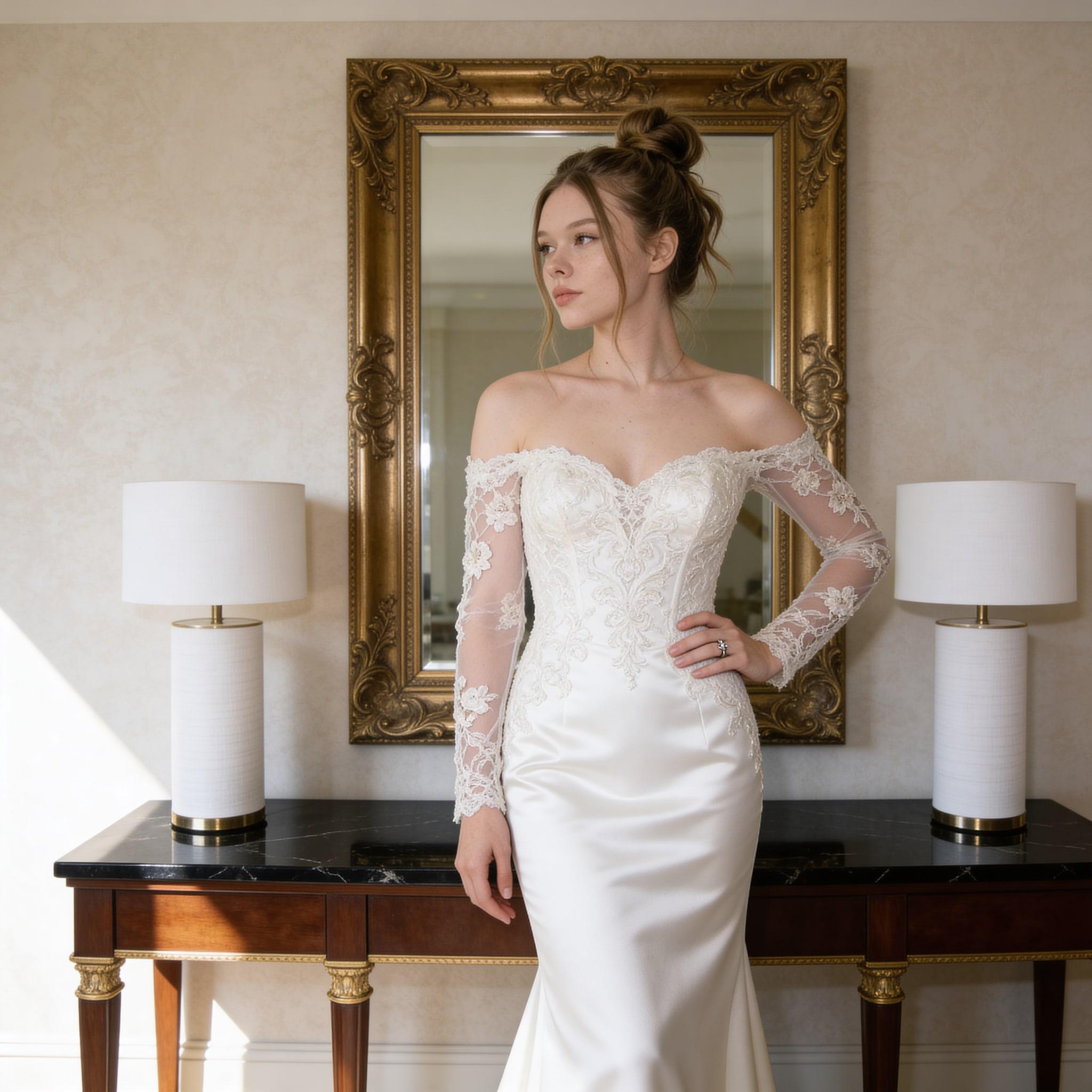 Bridal Dress Satin Lace Off Shoulder Serene Pose