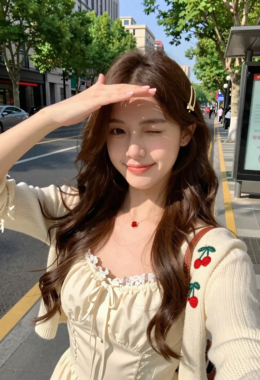 A young woman with long wavy brown hair smiling gently while shielding her eyes from sunlight on a city sidewalk.