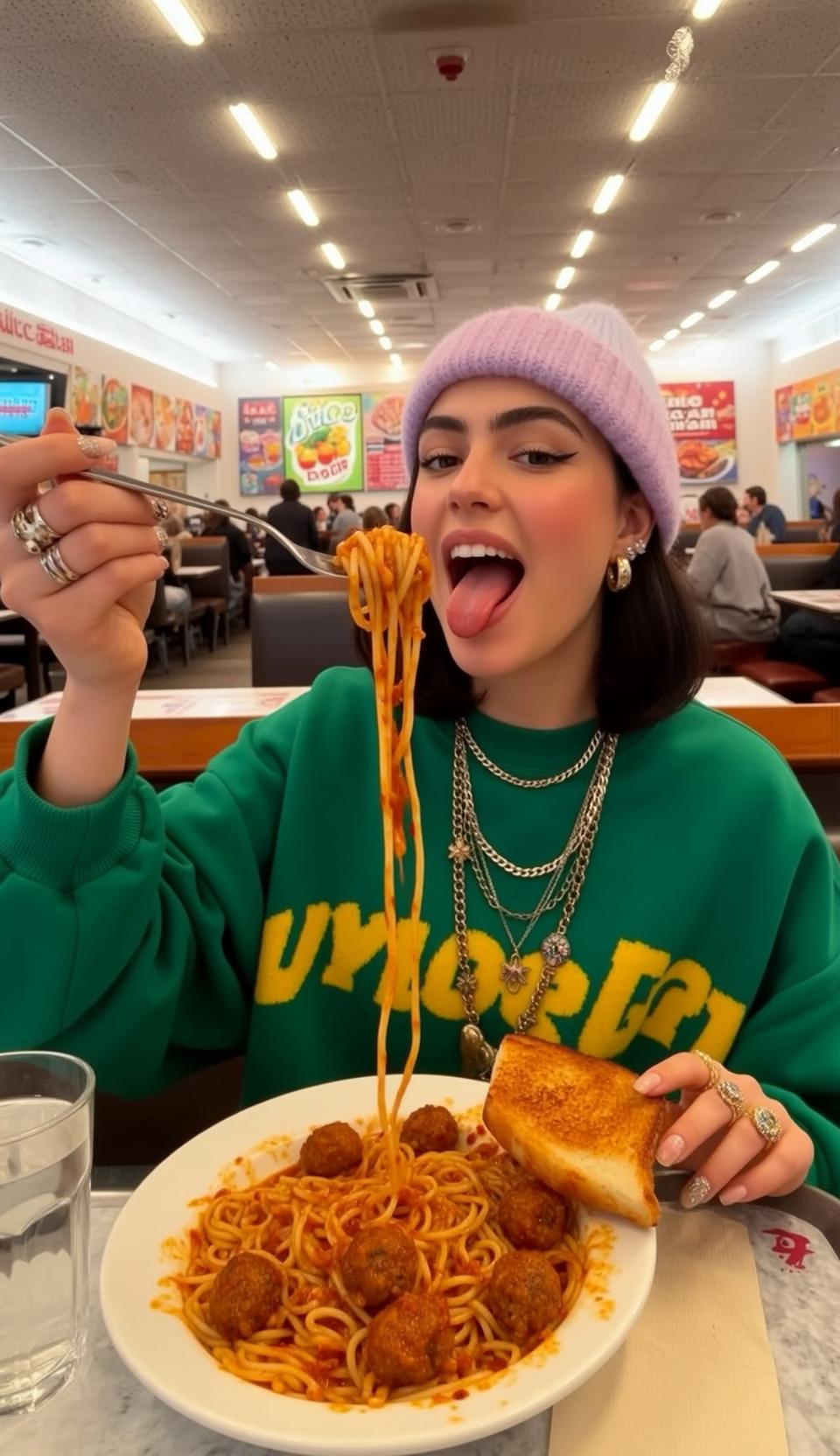 Woman Eating Spaghetti Green Sweatshirt Beanie