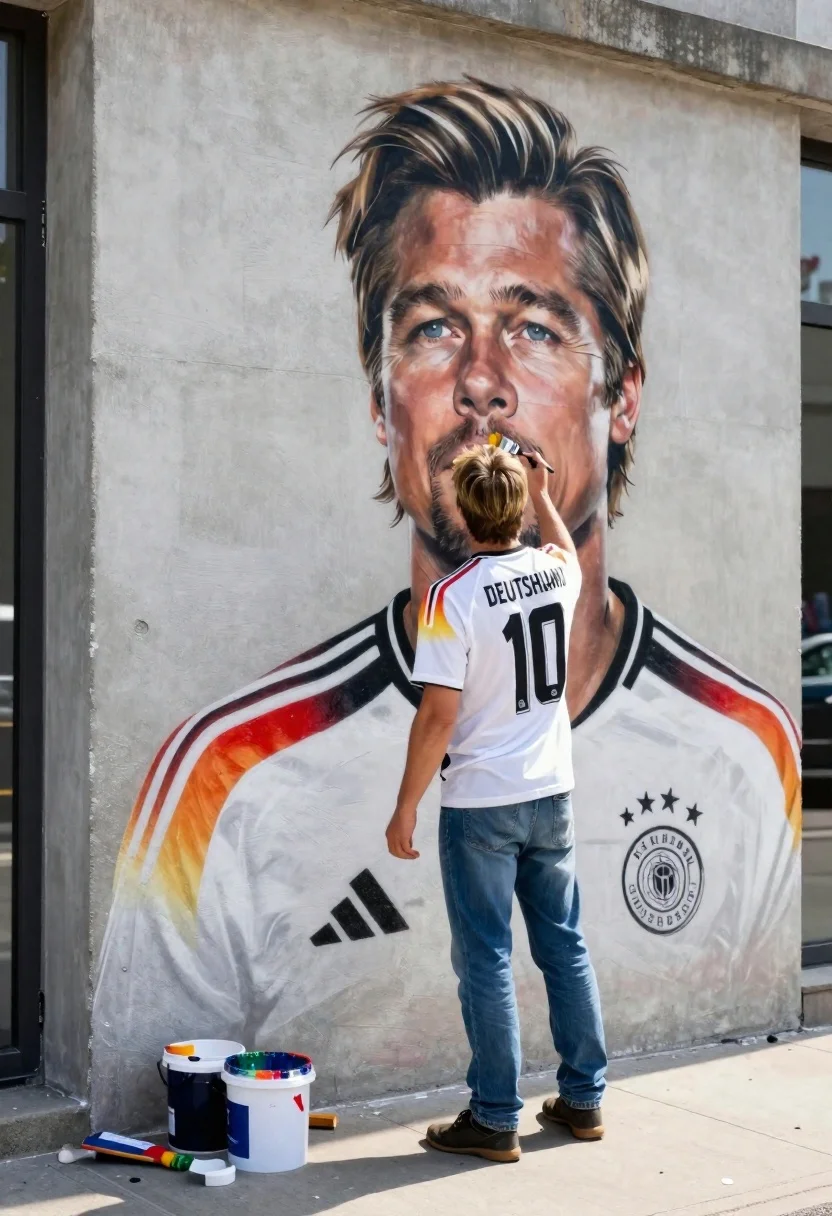 A man stands on a sidewalk painting a detailed mural of Brad Pitt wearing a football jersey against a textured concrete wall.