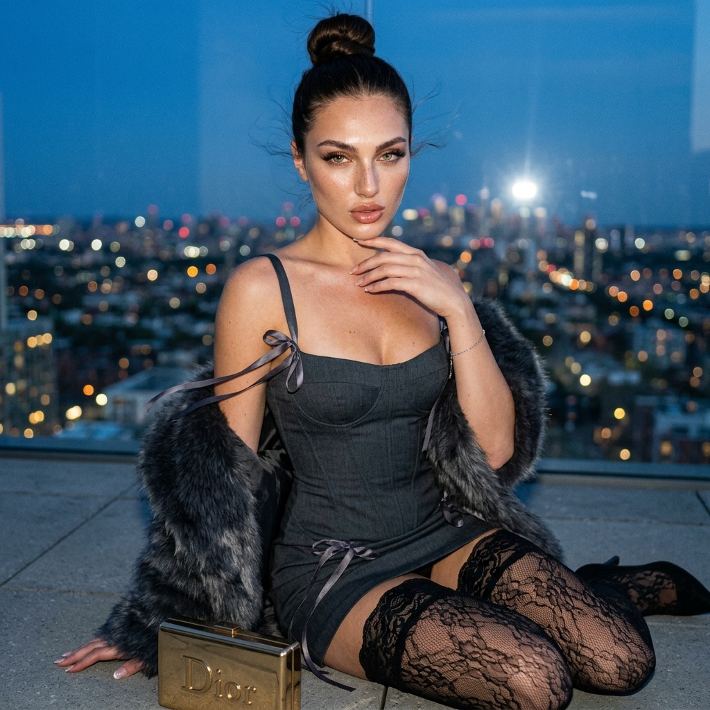 woman seated low in an editorial floor pose in a blue-hour rooftop terrace.