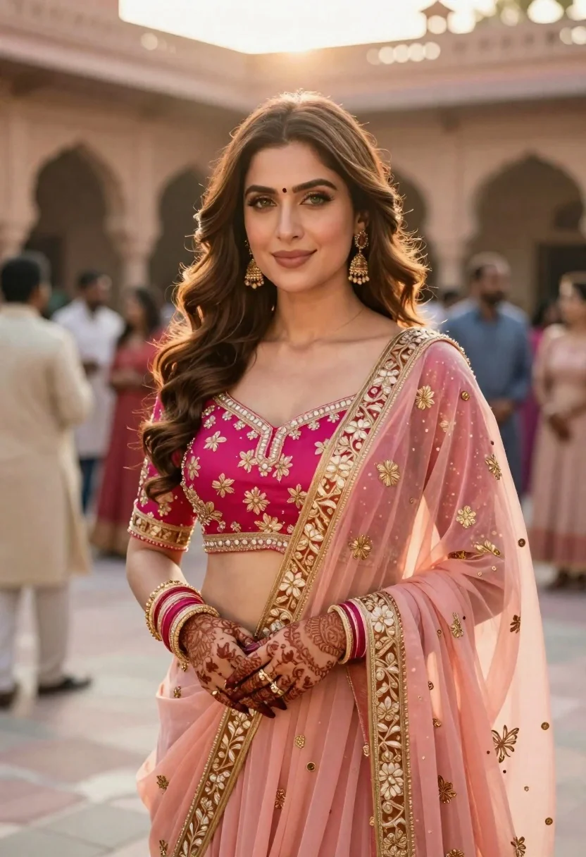 A confident woman stands in a warm sunlight courtyard, adorned in an elaborate pink and peach traditional outfit with intricate gold embroidery.