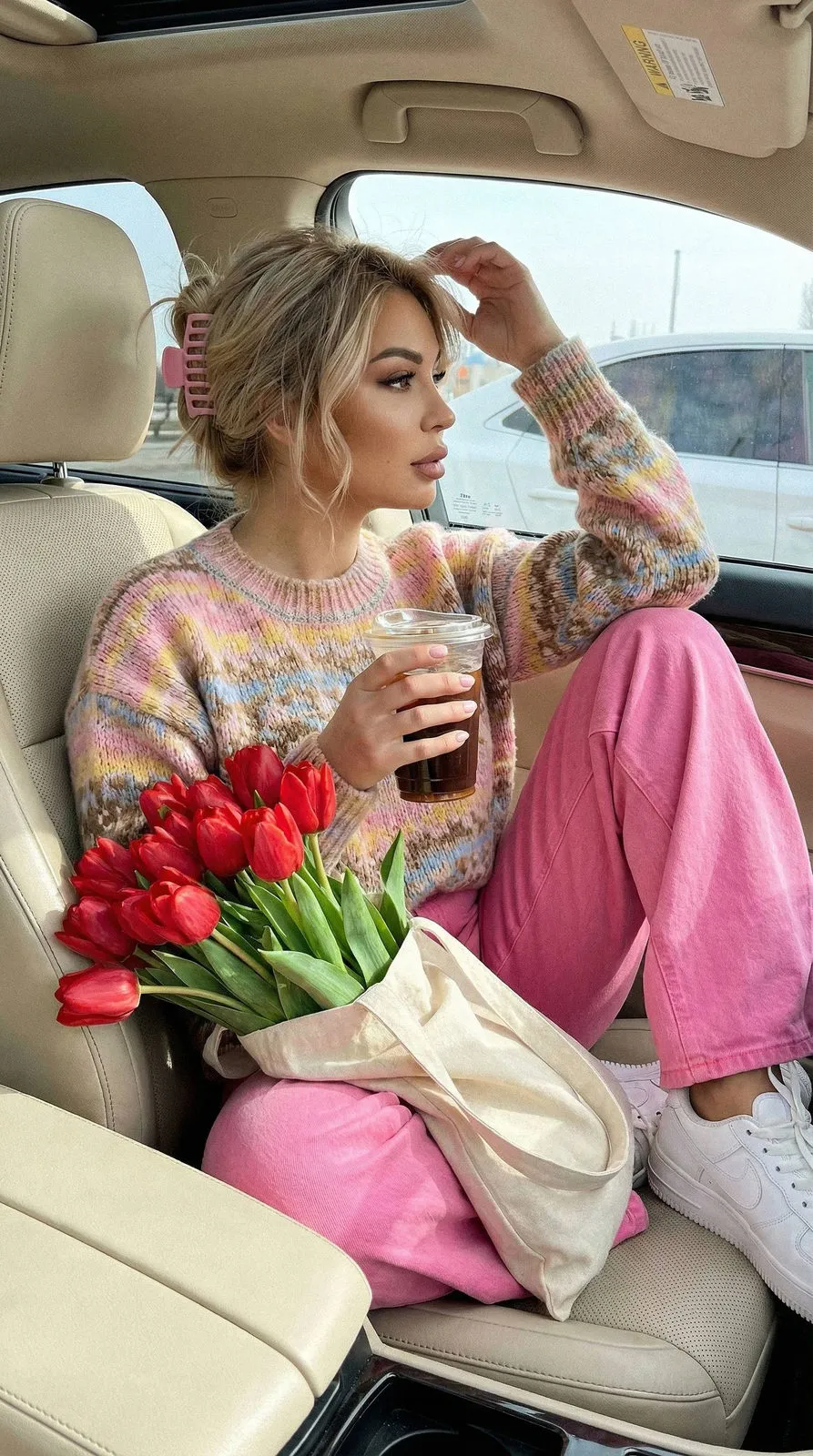 Realistic Car Interior Girl Sunny Day