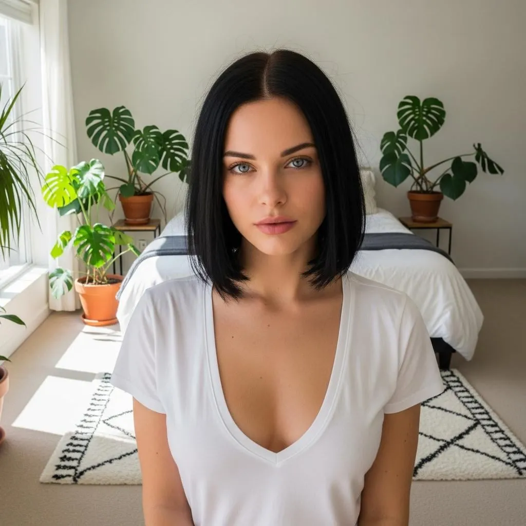 Minimalist Bedroom White T Shirt Bob Hairstyle