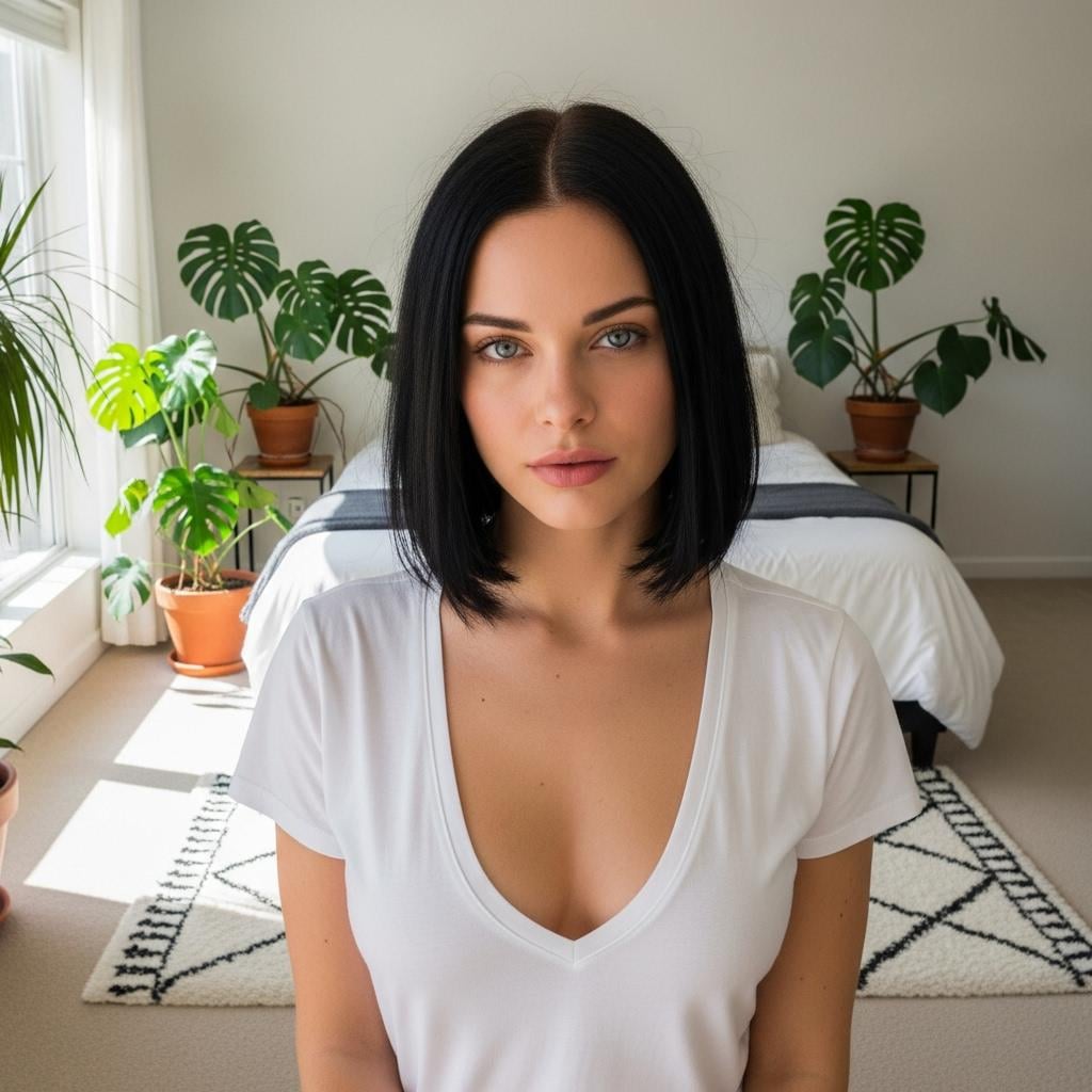 A centered portrait of a person with a chin-length black bob hairstyle wearing a white V-neck t-shirt in a bright minimalist bedroom.