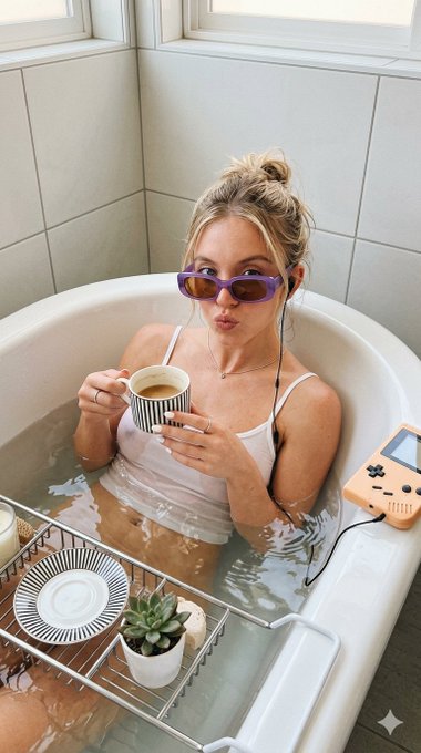 Sydney Sweeney reclining in a bathtub, wearing purple sunglasses and making a playful kissy face.