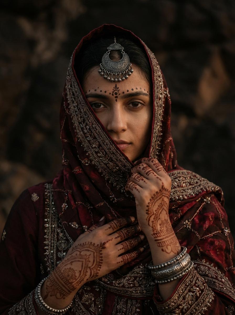 A medium shot of a person in a maroon velvet headscarf with gold embroidery, adorned with an aged silver maang tikka, featuring deep, intricate henna patterns.