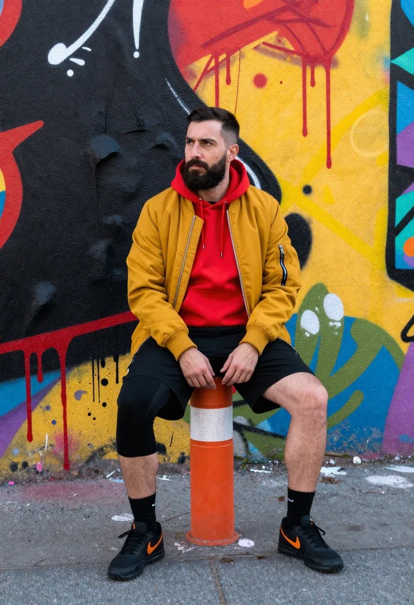Full-body Shot Man Sitting Orange And White Traffic Bollard Front reference photo