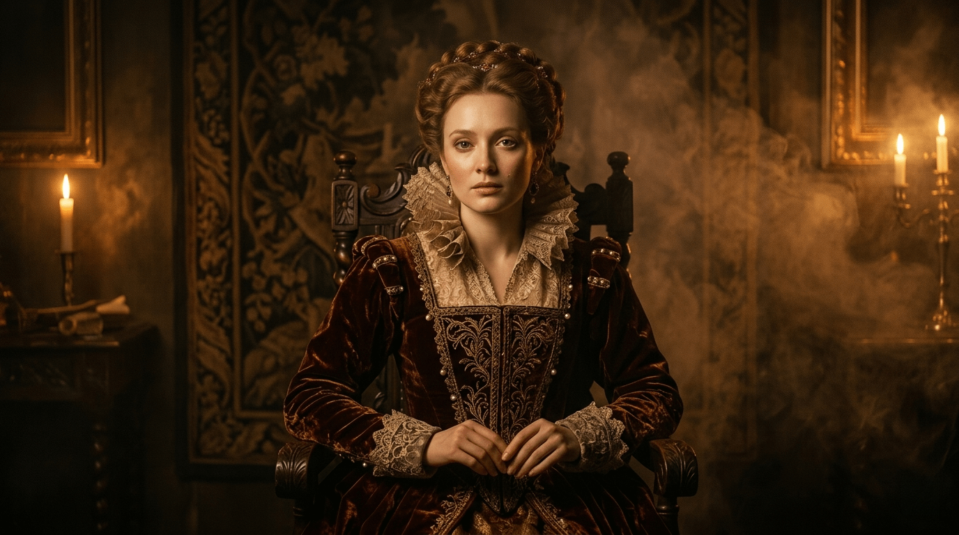 Person in a deep burgundy velvet gown seated in a dark wooden chair under candlelight.