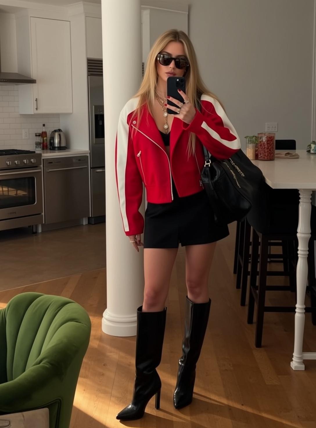 Red White Jacket Kitchen Selfie