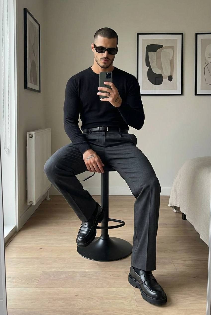A man taking a mirror selfie in a minimalist bedroom, showcasing neutral walls, a wooden floor, and soft daylight.