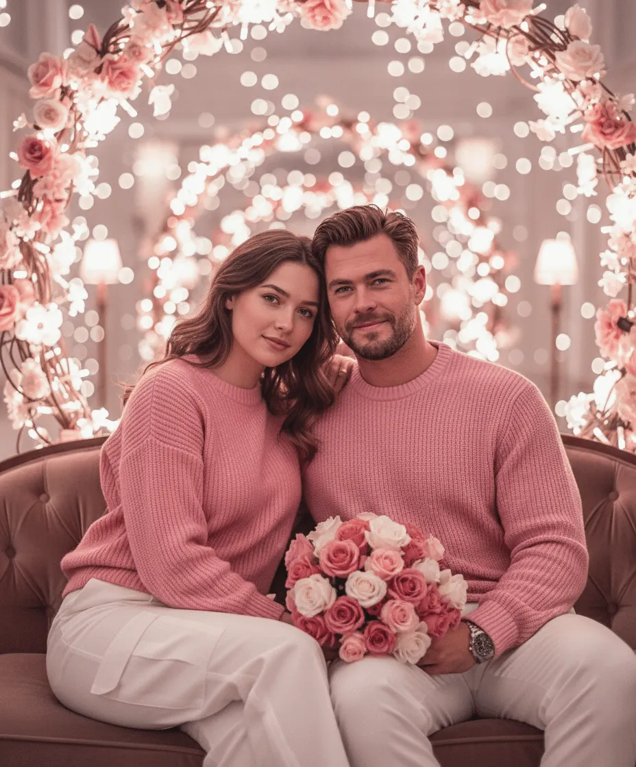Couple In Pink Sweaters White Pants Velvet Sofa Rose Bouquet