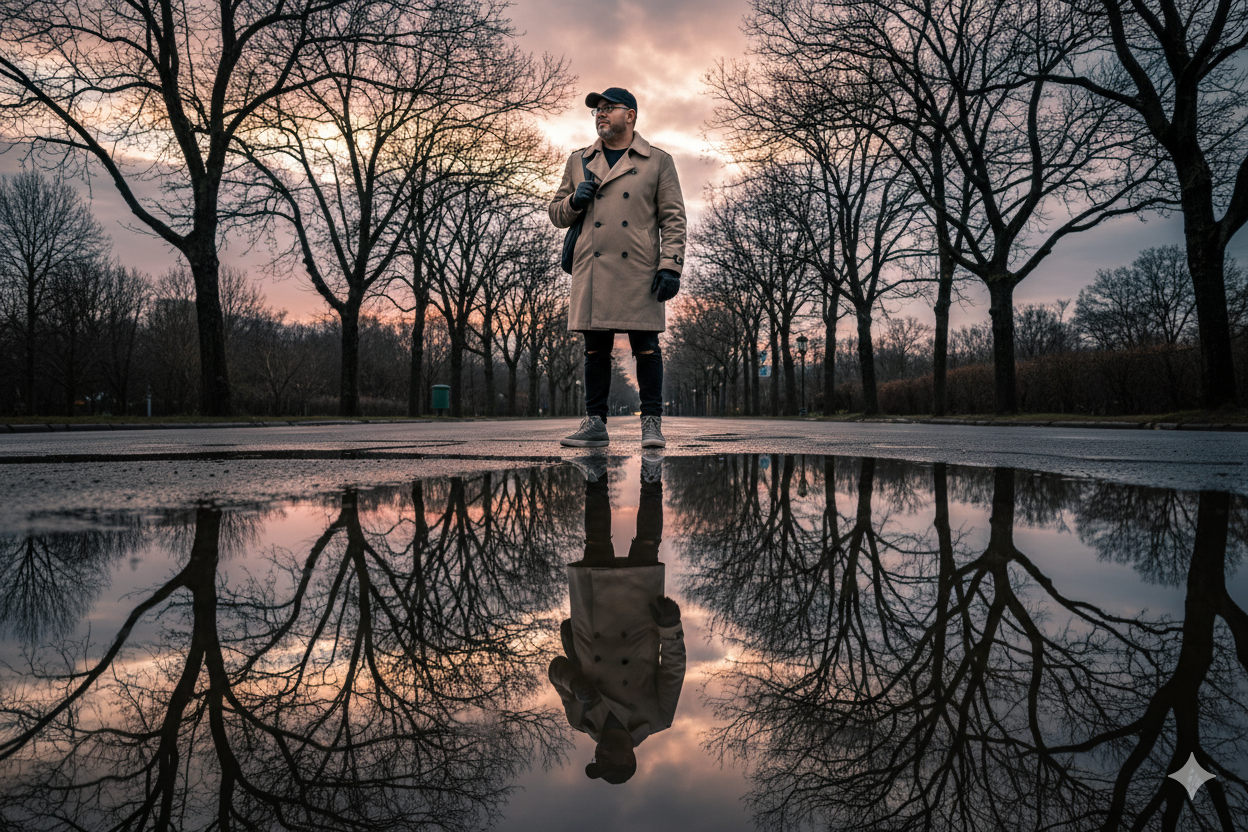 A man in a beige coat stands on a deserted street, reflected in a puddle, with leafless trees and a reddish sky.