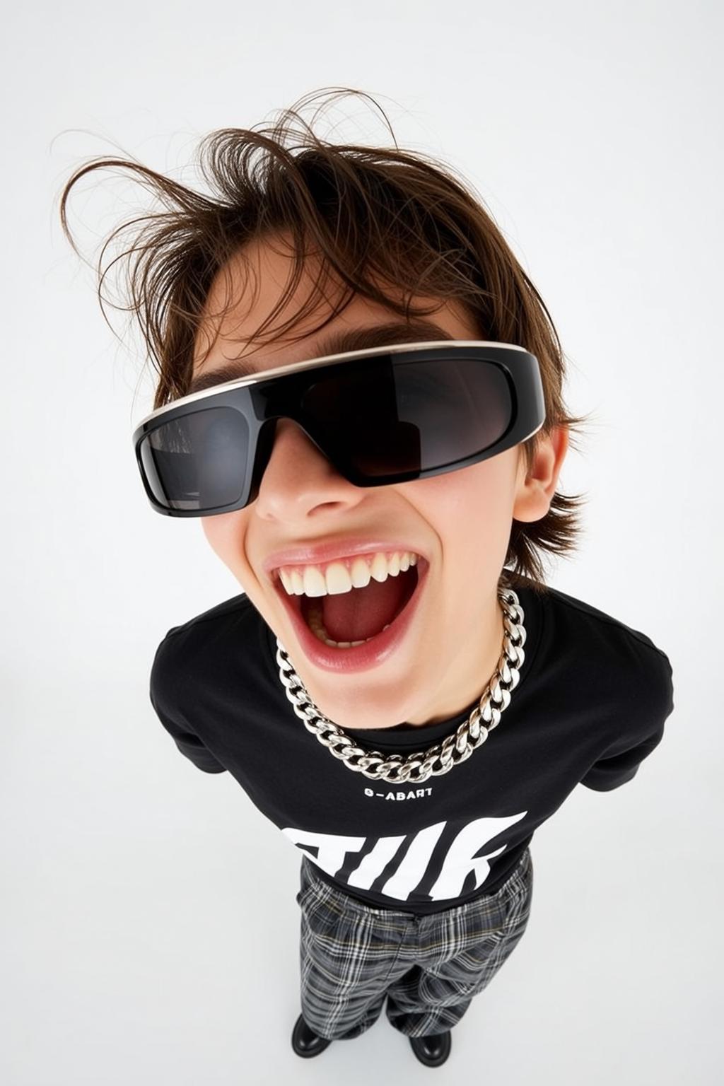 Futuristic Sunglasses Plaid Pants Look