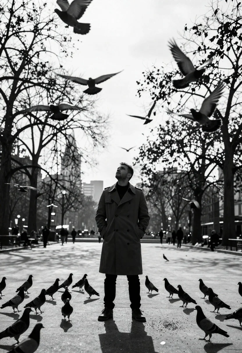 Medium And Scene Black-and-white Photograph Lone Figure Open Park Surrounded
