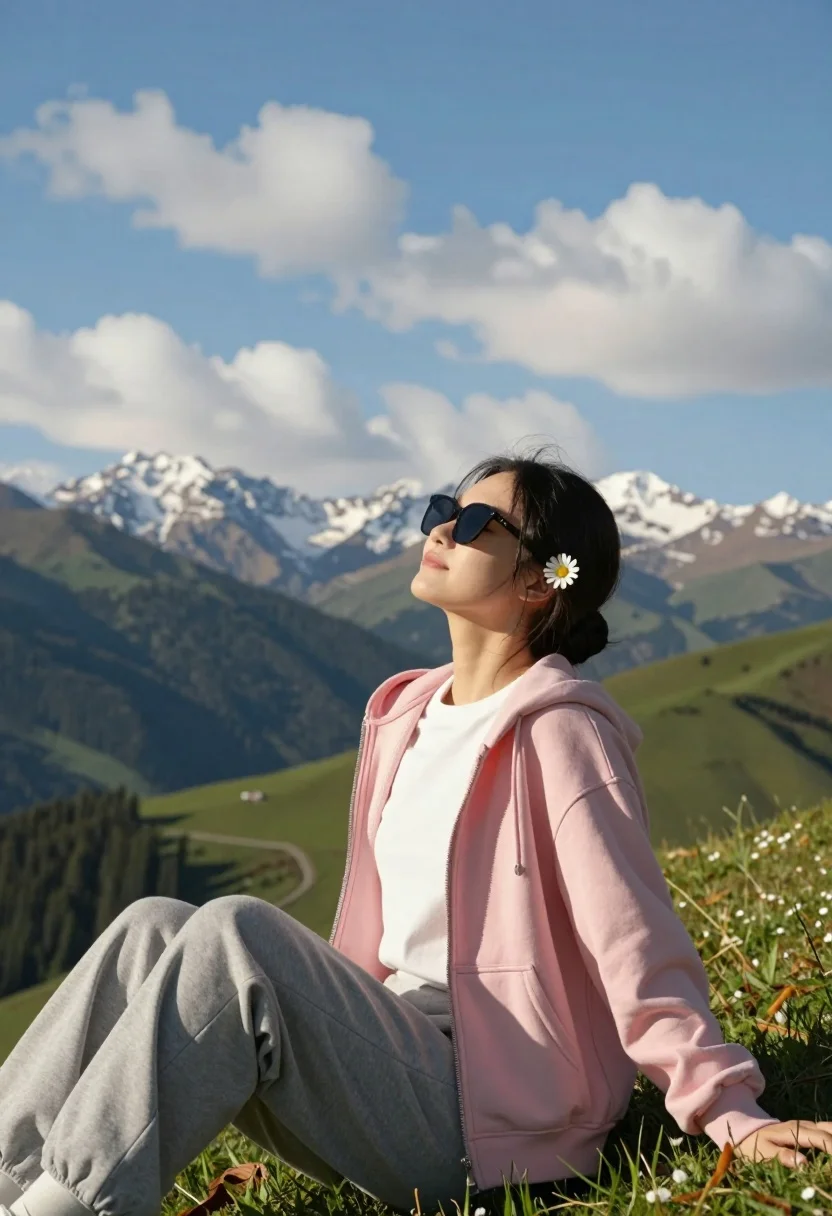 Young Woman Sits Relaxed Grassy Hillside With Her Eyes Closed