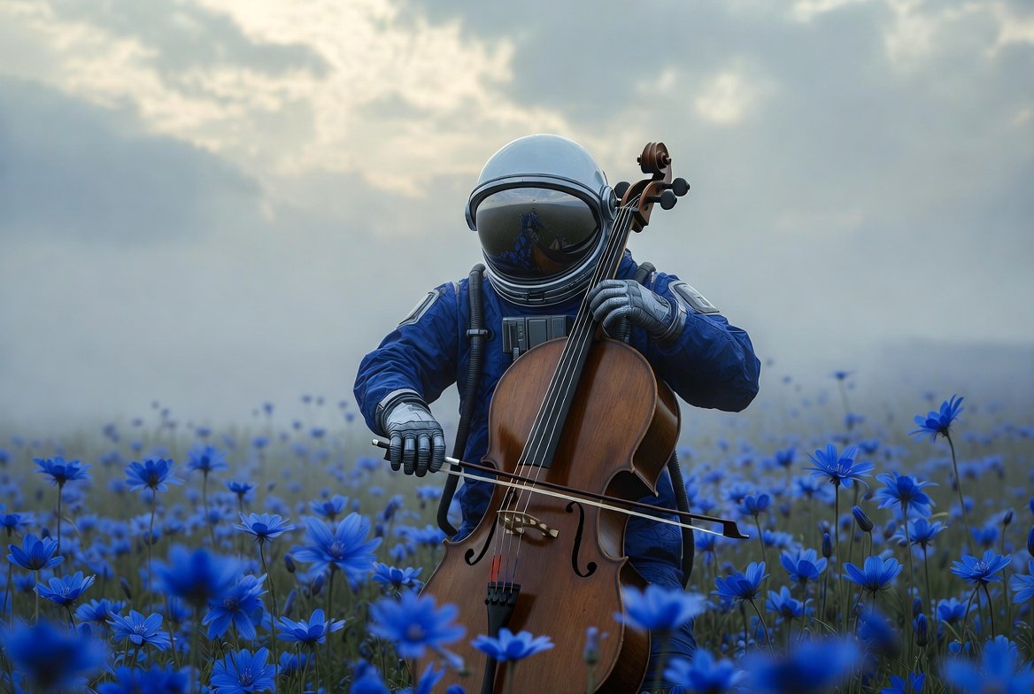 An astronaut in a white suit plays a cello in a vibrant blue flower field under a cloudy, diffused sky, with the helmet reflecting light.