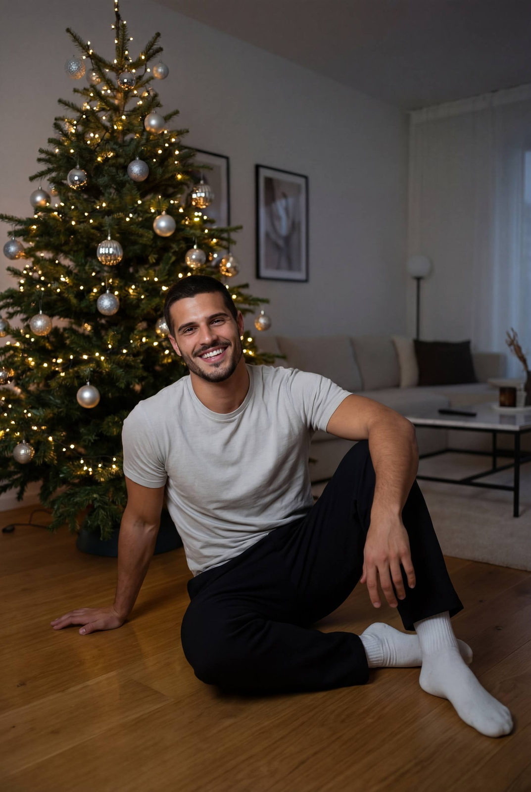 A young man sitting on a wooden floor in front of a Christmas tree, smiling relaxedly in cozy attire.
